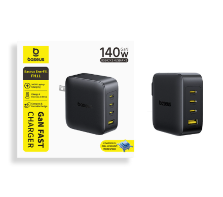 Baseus 140W GaN Fast Charger – 3× USB-C + 1× USB-A